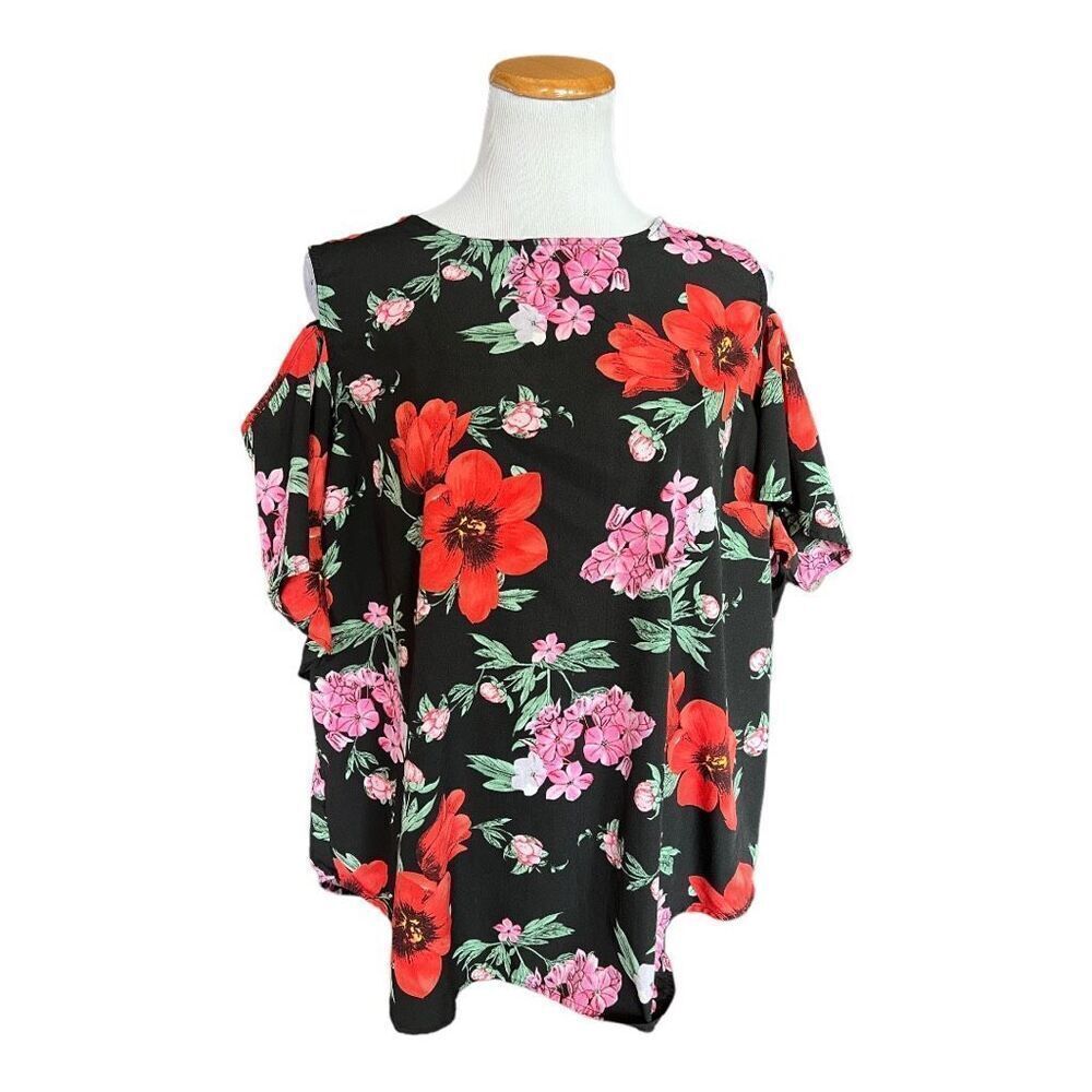 Womens Time to Bloom Floral Cold Shoulder Flounce Top - Sz 2X